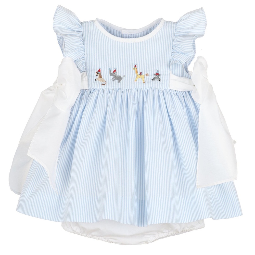 Blue and White Striped Dress with Animal Embroidery